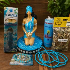 Kit Iemanjá Devoção - ( Contém Imagem 21cm, Guia azul,Vela 7 dias azul,Pulseira- Banho Iemanjá- Incenso Iemanjá)