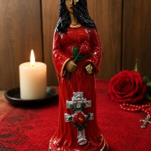 IMAGEM POMBO GIRA ROSA CAVEIRA (ESTATUA 21CM/ VESTIMENTA VERMELHA)
